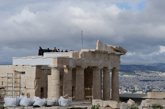 Protestors atop the Propylaia, Athens